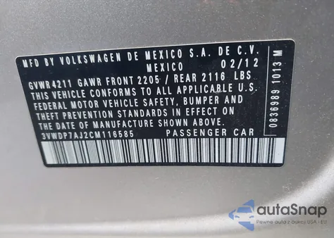 2012 Volkswagen Jetta 2.5L Se z USA, uszkodzony, nr VIN 3VWDP7AJ2CM116585